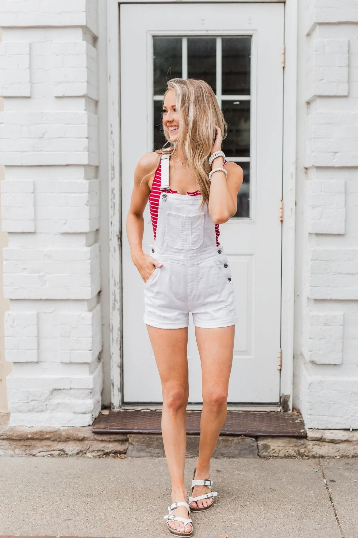 Sneak Peek White Distressed Short Overalls- Natalie