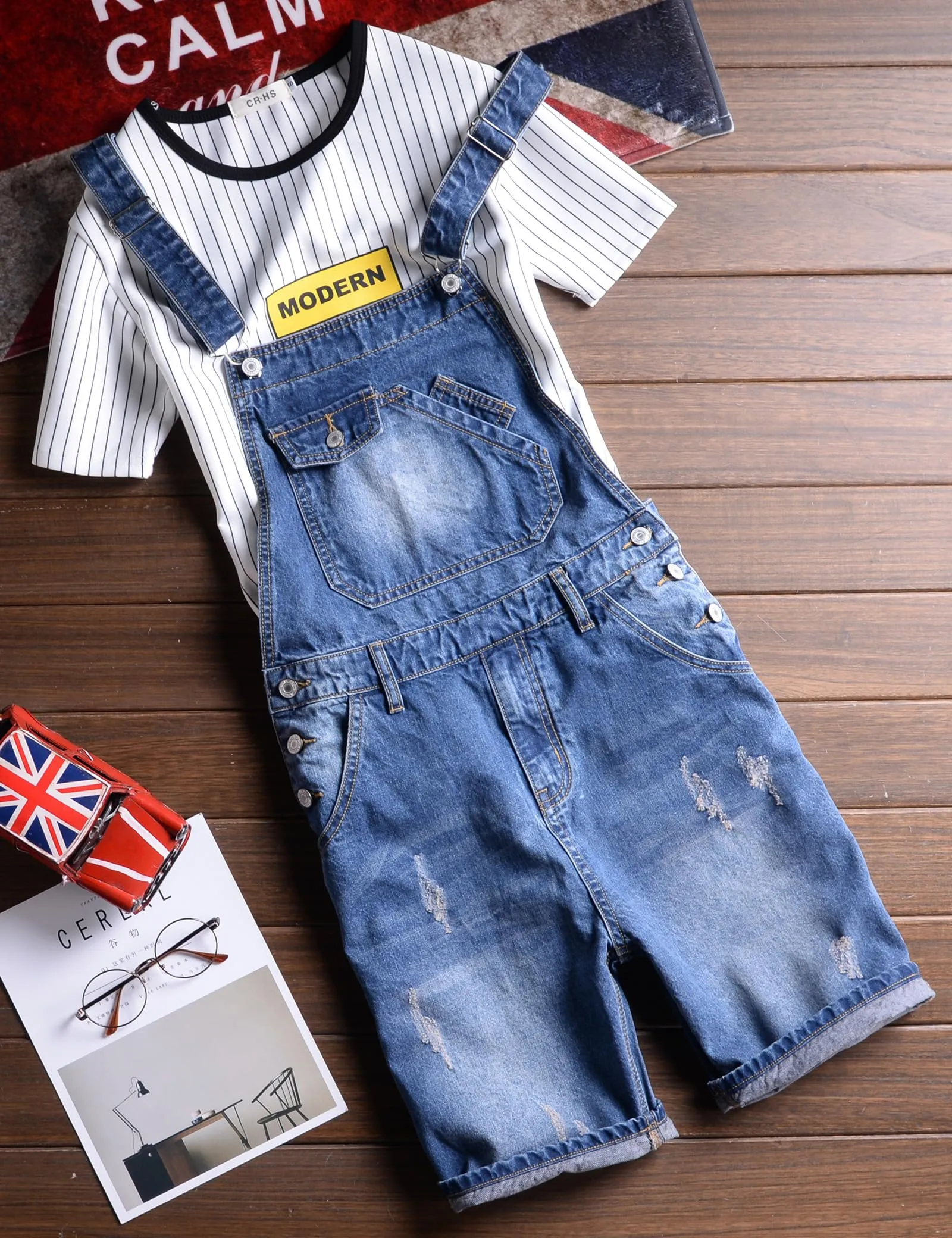 Sokotoo Men's Summer Blue Plus Size Denim Bib Overalls Shorts Size 32