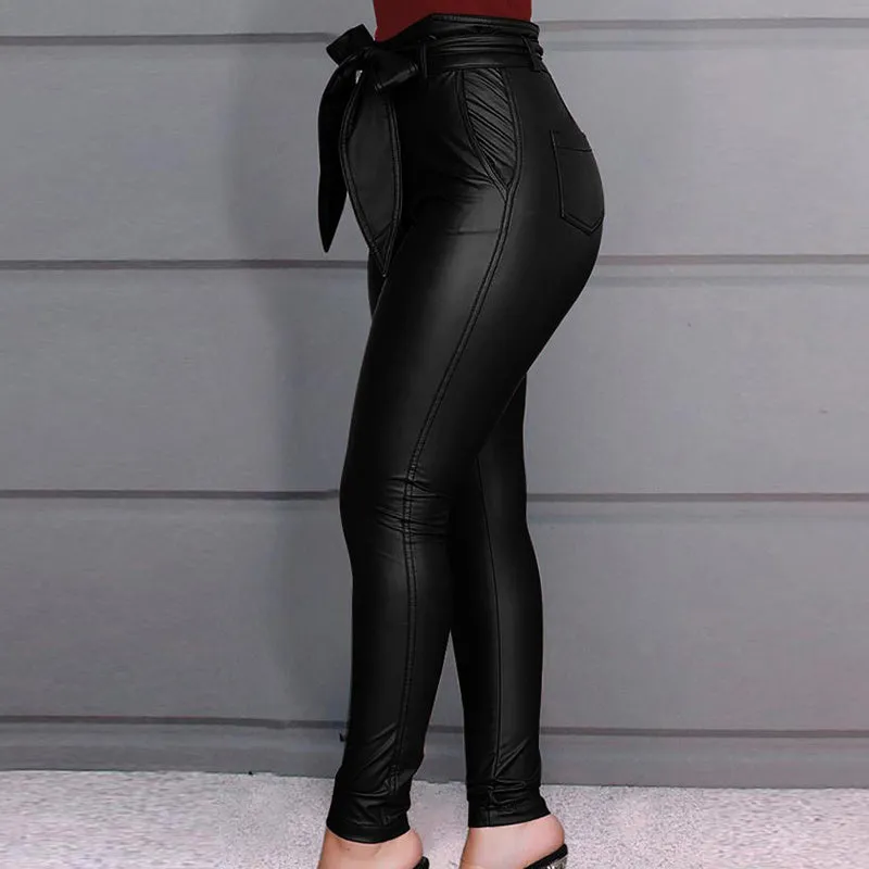 Solid Bowknot High Waist PU Pants