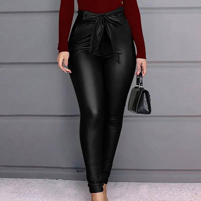 Solid Bowknot High Waist PU Pants