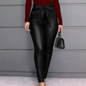 Solid Bowknot High Waist PU Pants