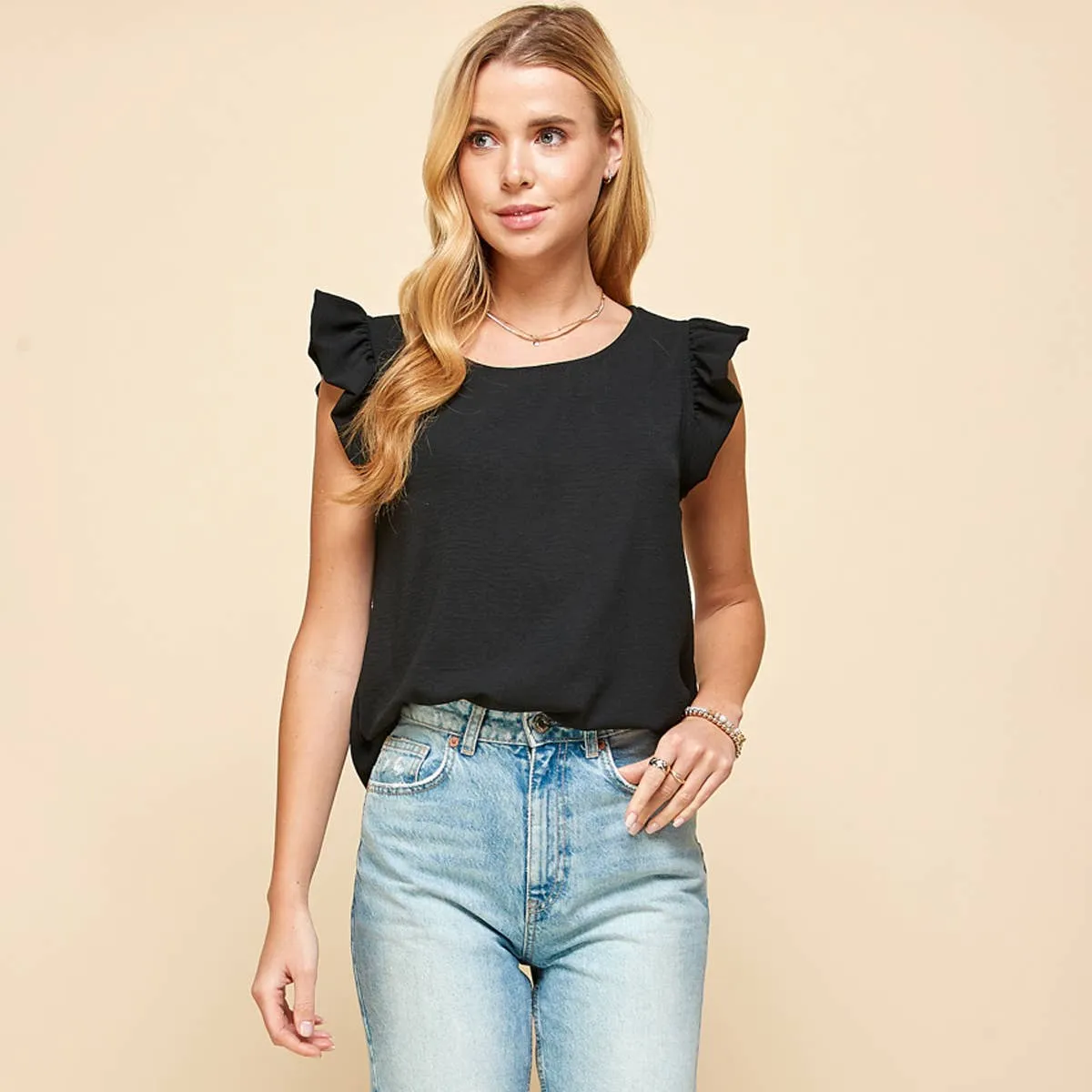Solid Top with Ruffled Detailed Sleeves