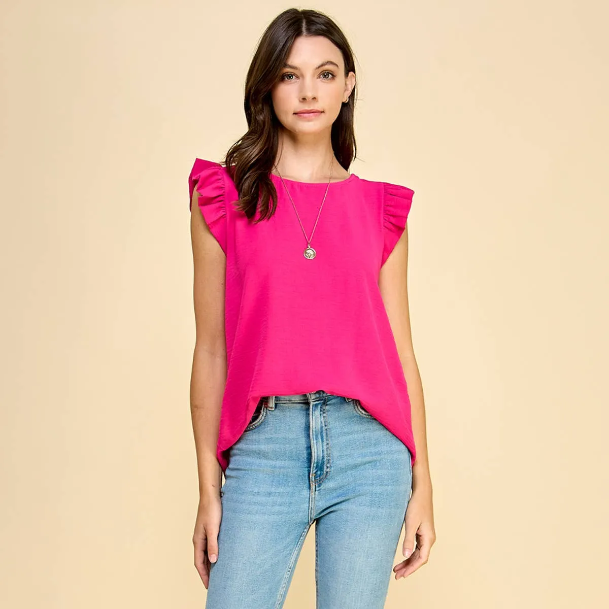 Solid Top with Ruffled Detailed Sleeves