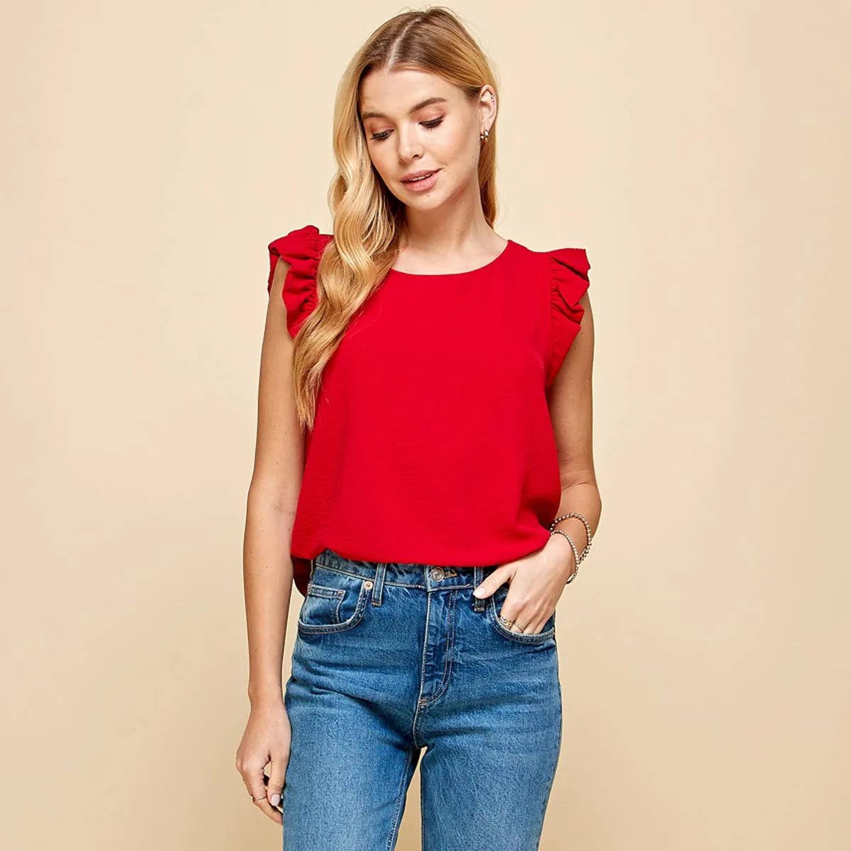 Solid Top with Ruffled Detailed Sleeves