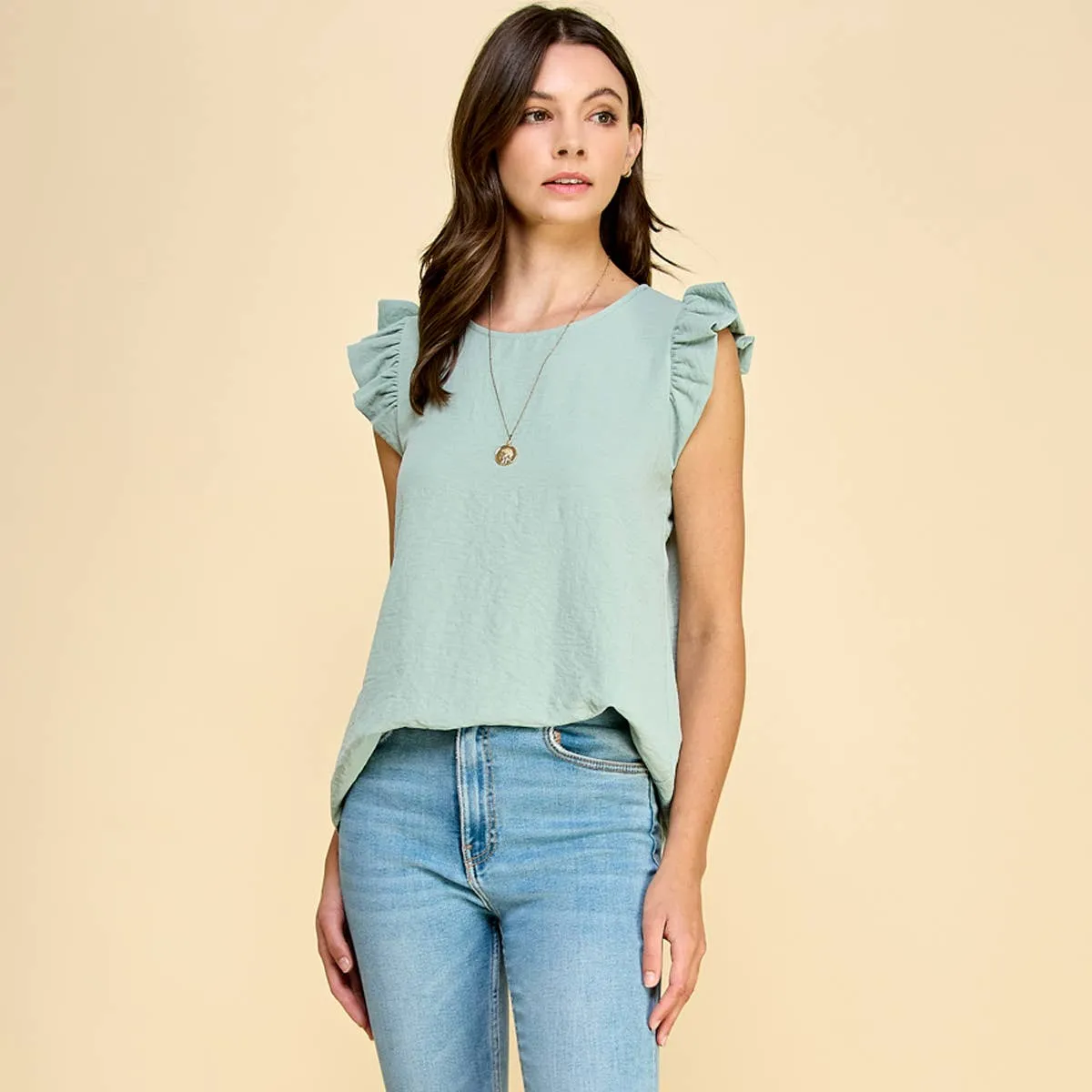 Solid Top with Ruffled Detailed Sleeves