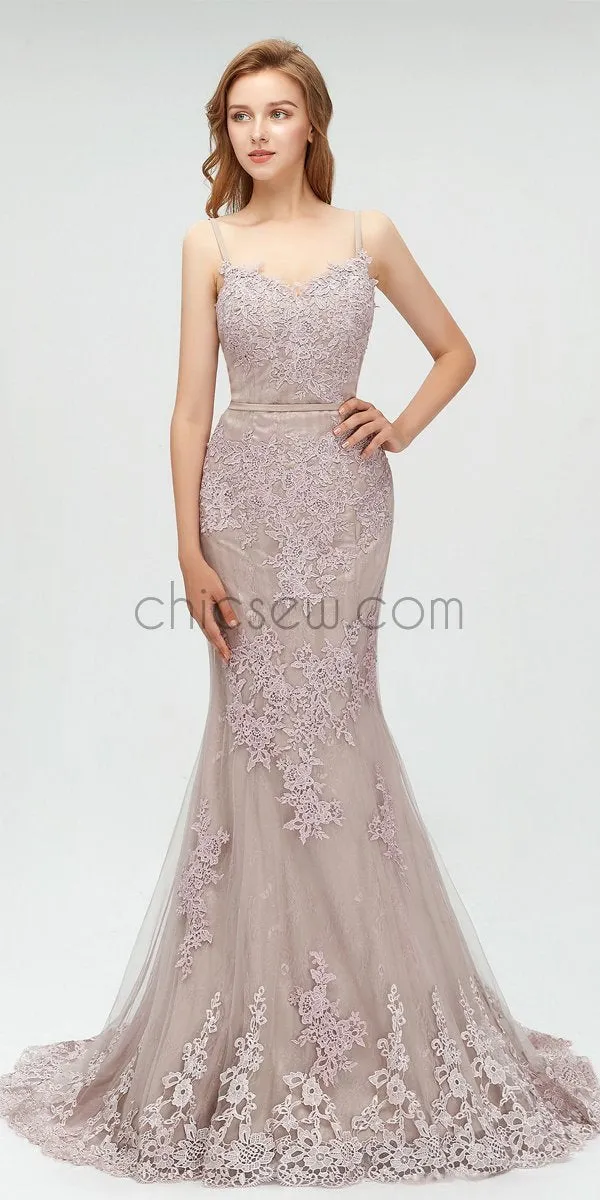 Spaghetti Strap Mermaid Lace Long Prom Dresses SDP1105