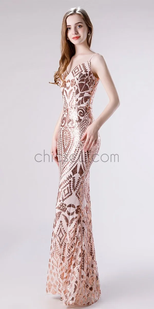 Spaghetti Straps Mermaid Lace V-neck Sleeveless Prom Dress, YKX079