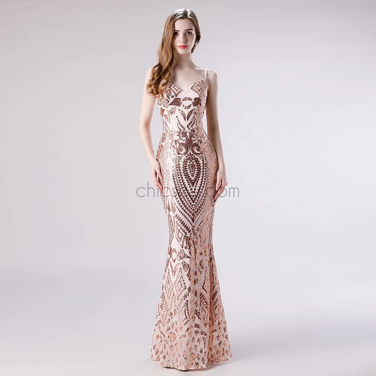 Spaghetti Straps Mermaid Lace V-neck Sleeveless Prom Dress, YKX079