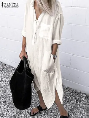 Split Cotton Long Sleeve Autumn Dress with Lapel