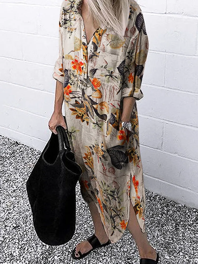 Split Cotton Long Sleeve Autumn Dress with Lapel