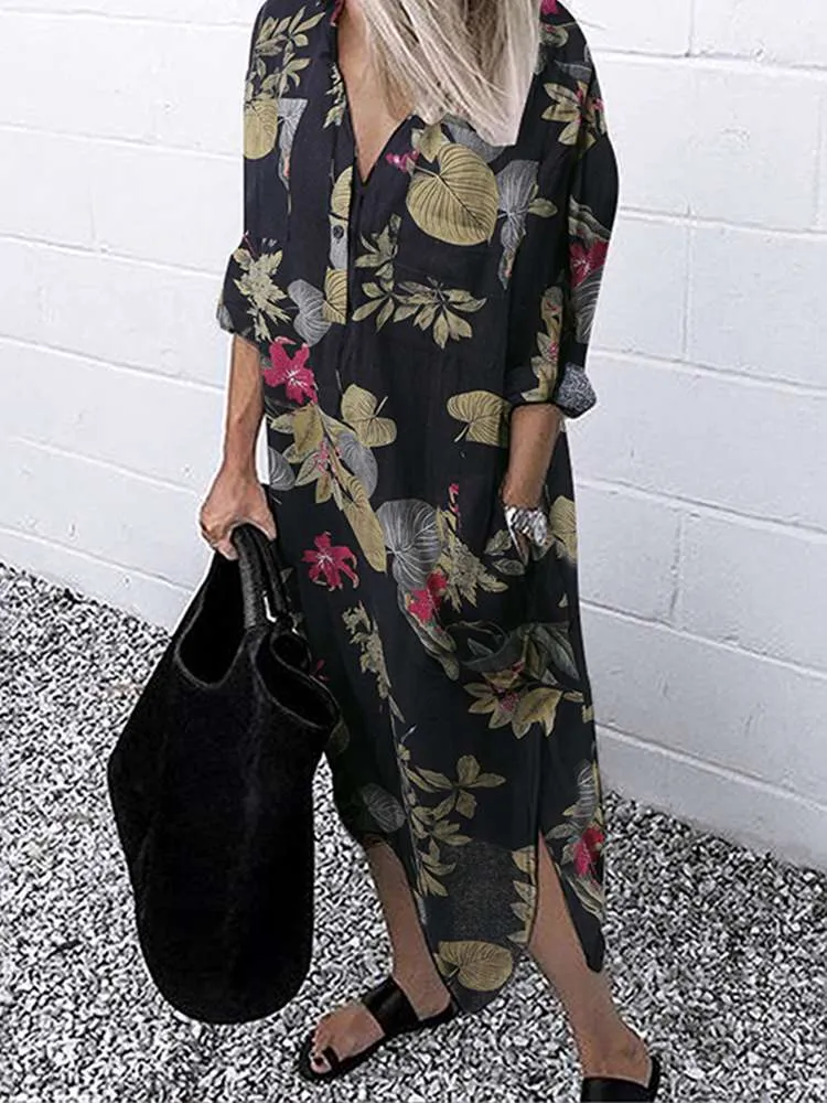 Split Cotton Long Sleeve Autumn Dress with Lapel