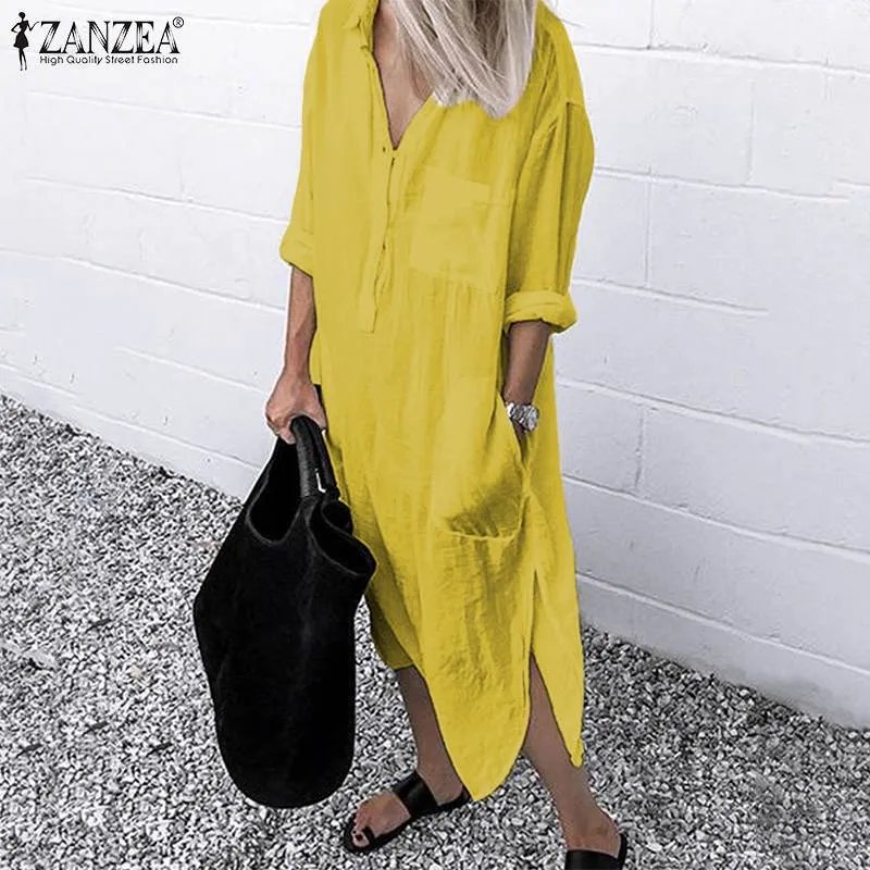 Split Cotton Long Sleeve Autumn Dress with Lapel