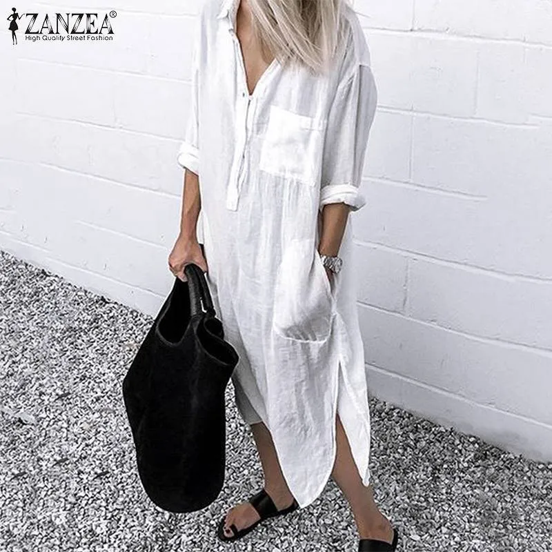 Split Cotton Long Sleeve Autumn Dress with Lapel