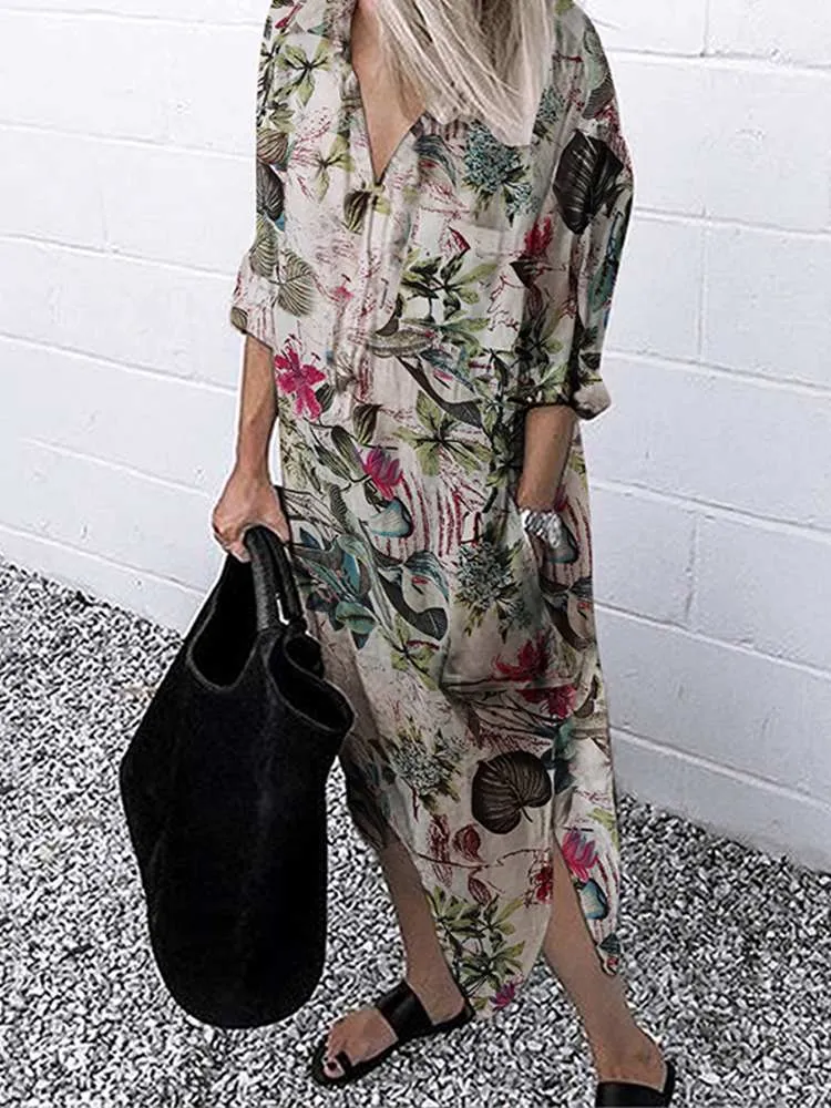 Split Cotton Long Sleeve Autumn Dress with Lapel