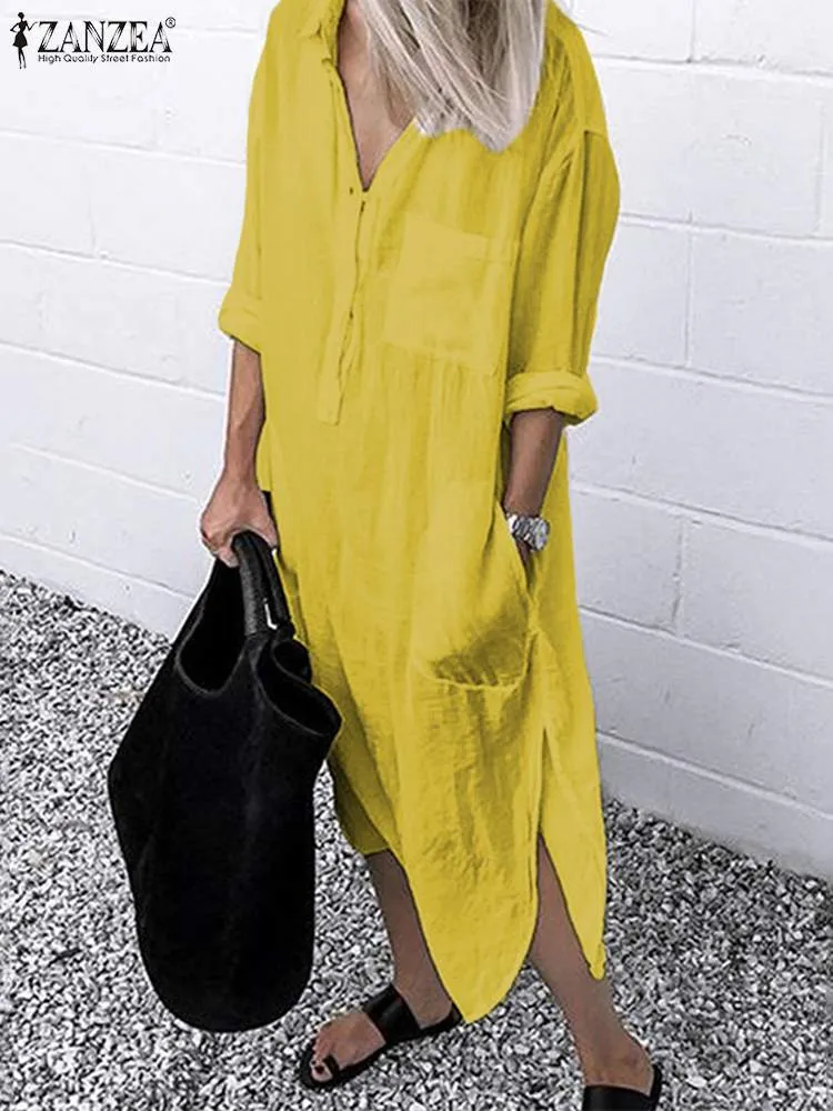 Split Cotton Long Sleeve Autumn Dress with Lapel