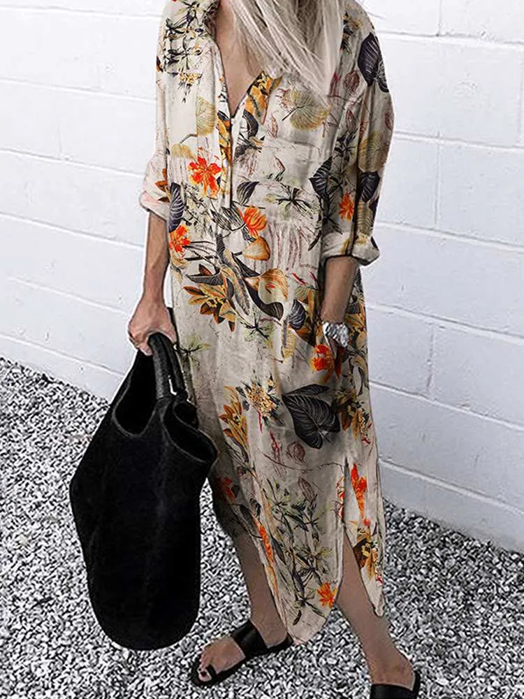 Split Cotton Long Sleeve Autumn Dress with Lapel