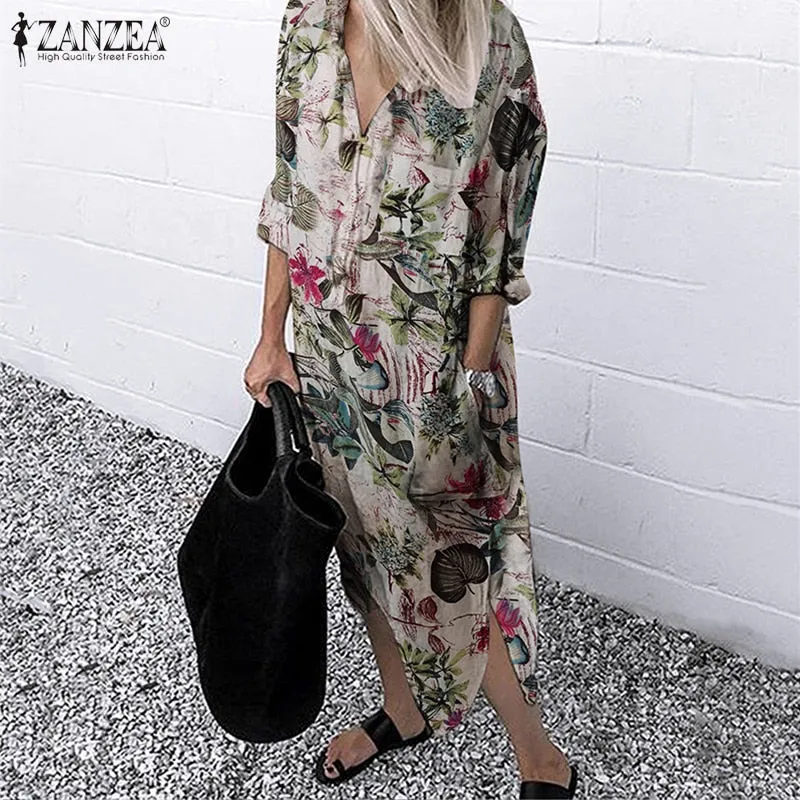 Split Cotton Long Sleeve Autumn Dress with Lapel