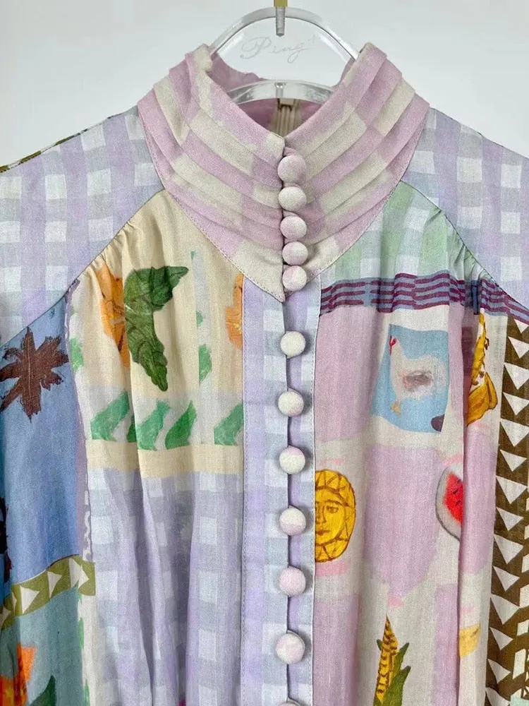 Spring Cotton Dress 2022 Runway Fashion Lantern Flower Printed