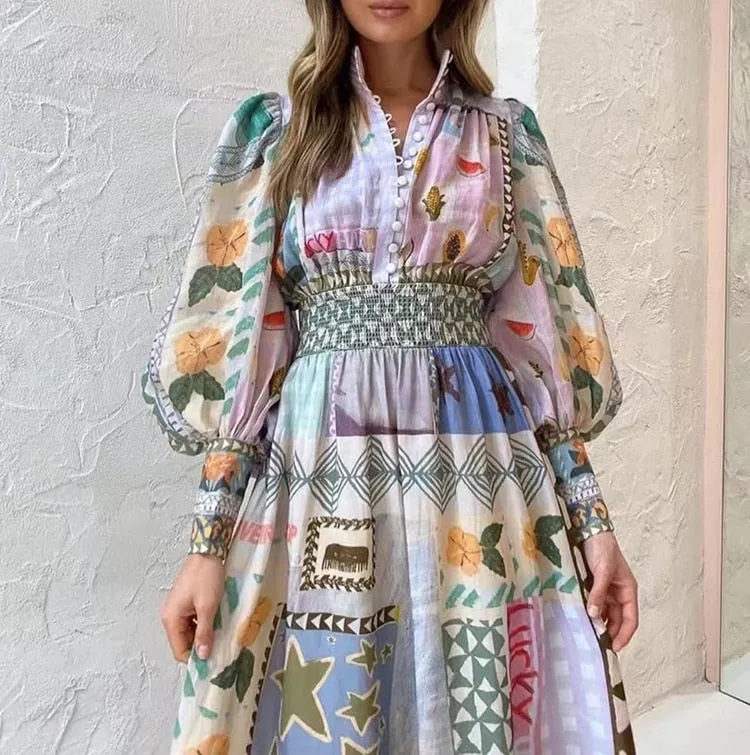 Spring Cotton Dress 2022 Runway Fashion Lantern Flower Printed