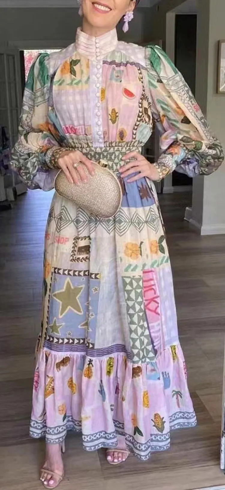 Spring Cotton Dress 2022 Runway Fashion Lantern Flower Printed