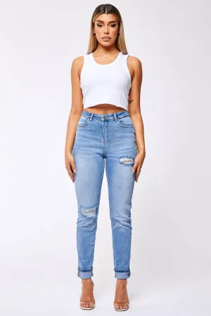 STRAIGHT LEG JEAN - WASHED BLUE RIPPED