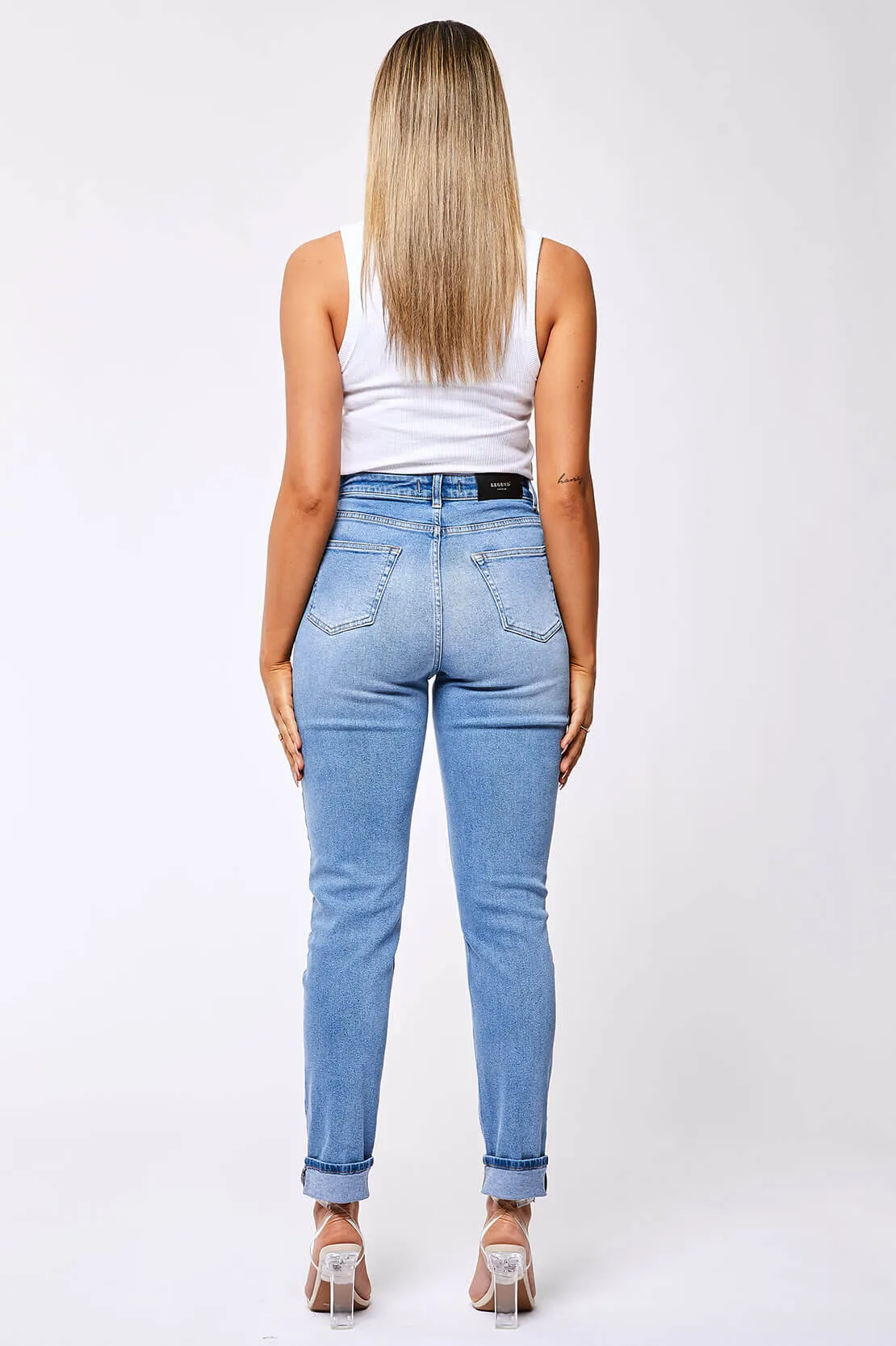 STRAIGHT LEG JEAN - WASHED BLUE RIPPED