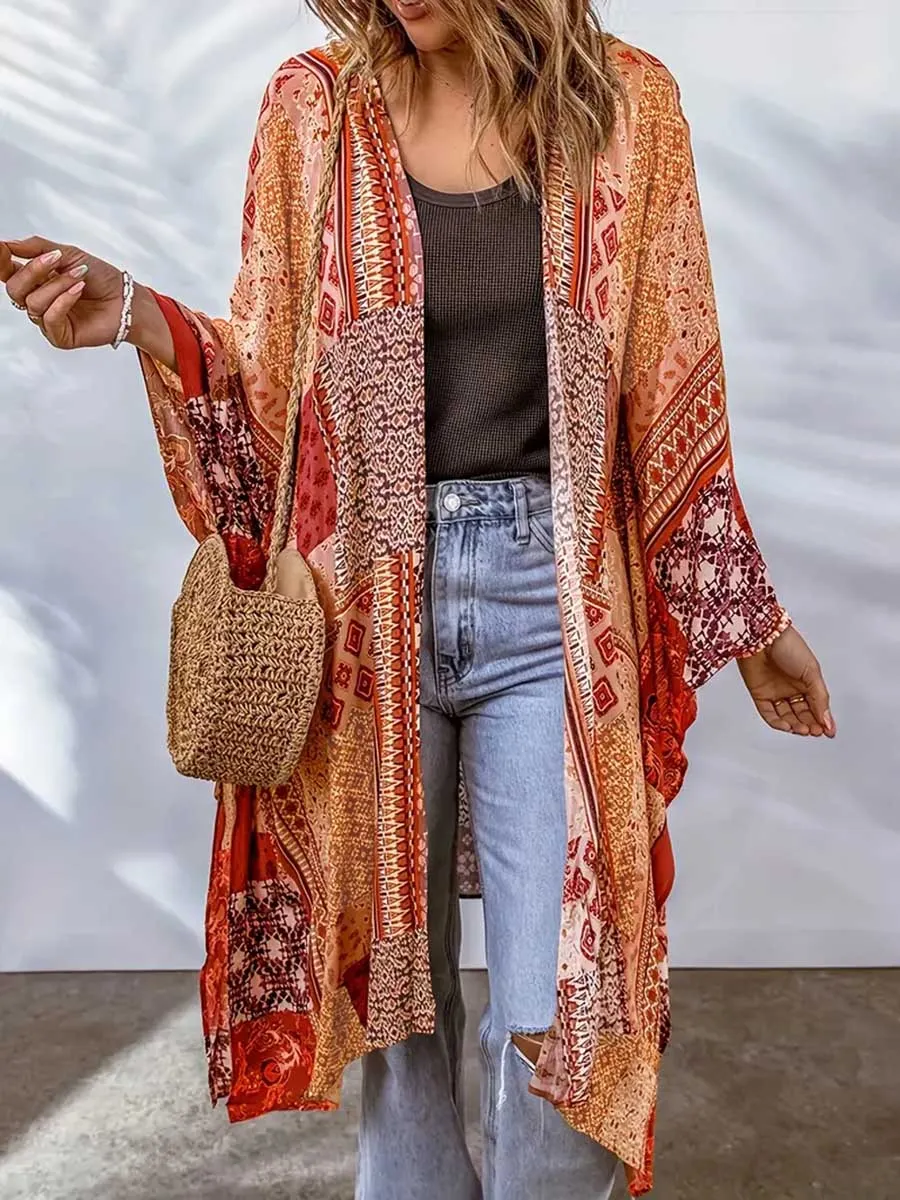 Stunncal Plus Size Printed Bat Sleeve Cardigan