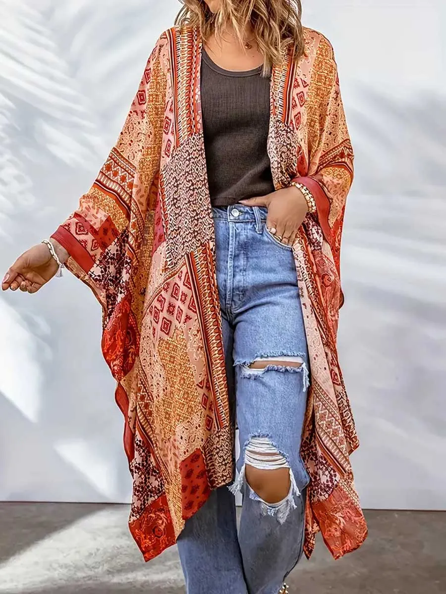 Stunncal Plus Size Printed Bat Sleeve Cardigan