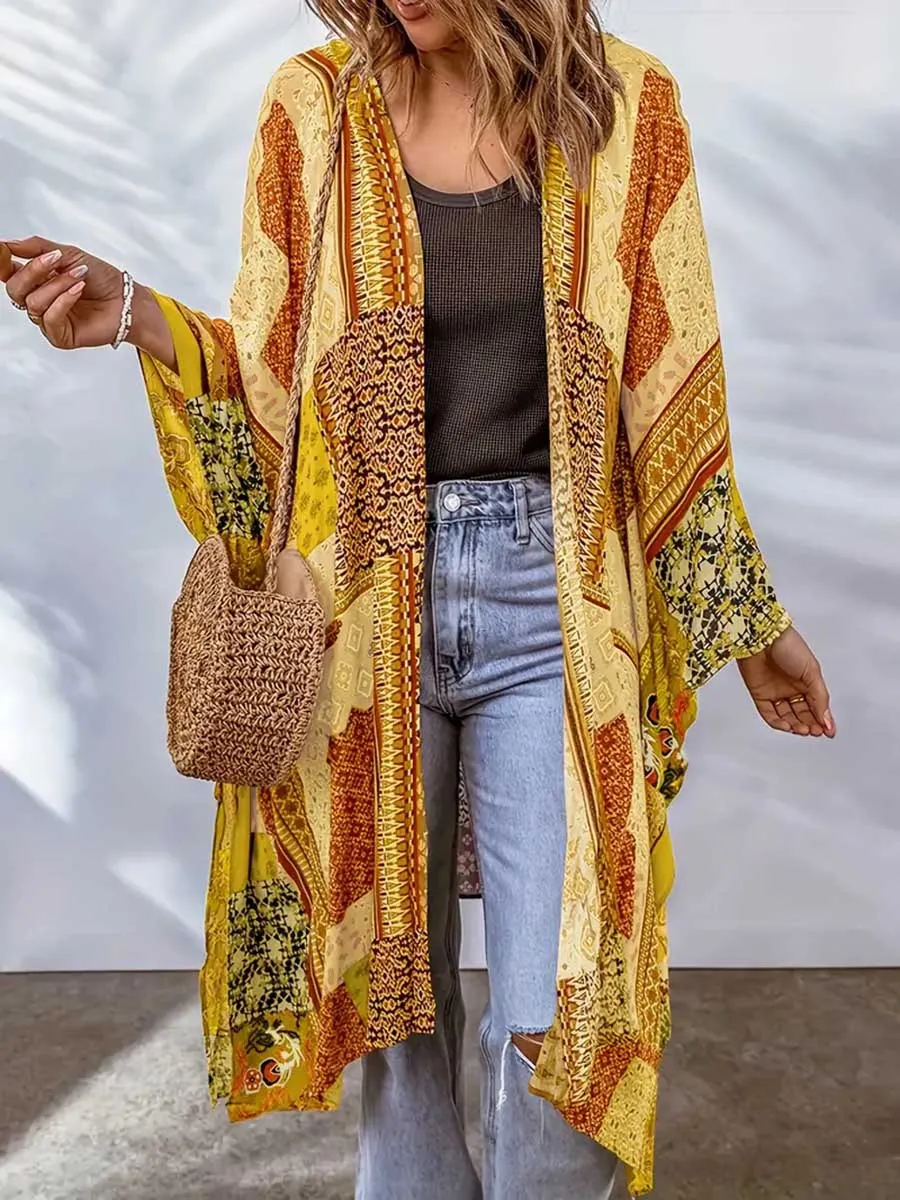 Stunncal Plus Size Printed Bat Sleeve Cardigan