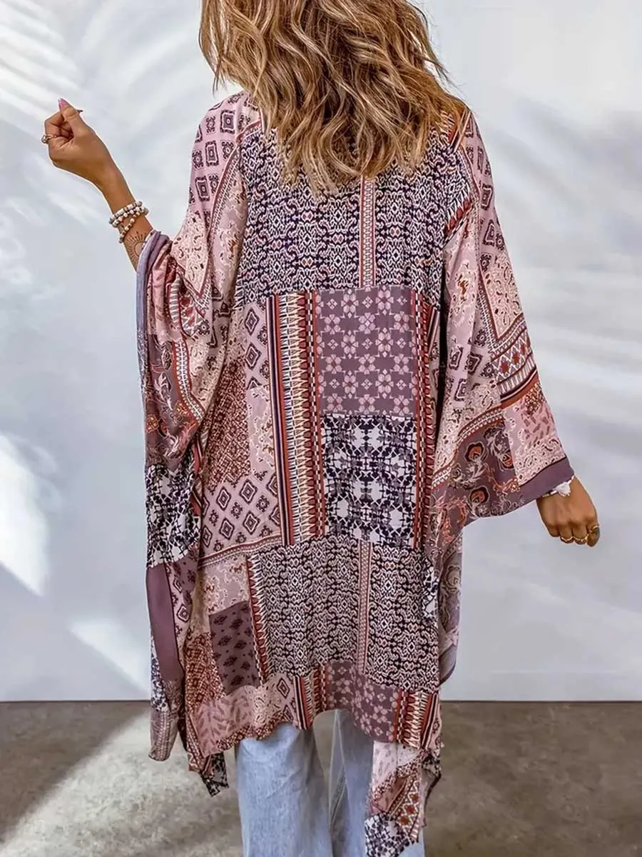 Stunncal Plus Size Printed Bat Sleeve Cardigan