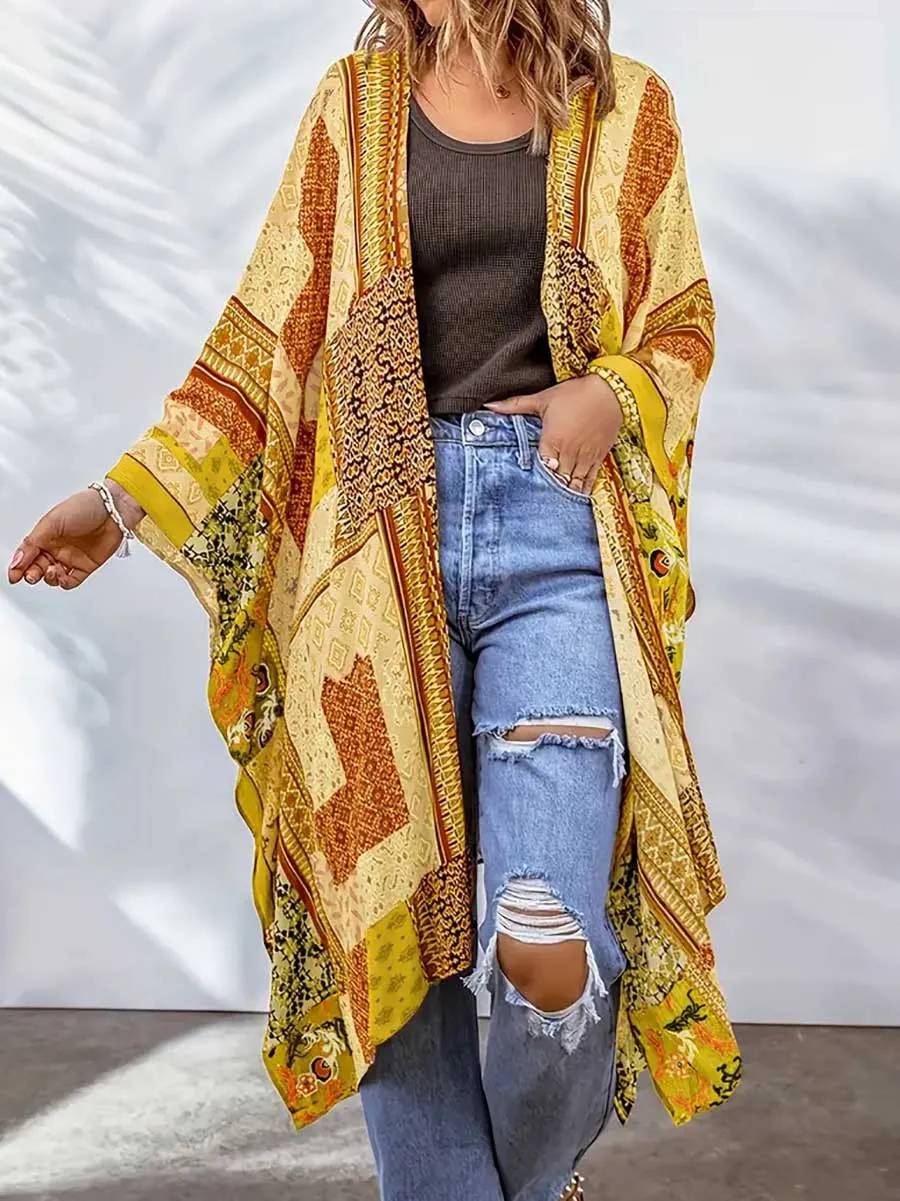 Stunncal Plus Size Printed Bat Sleeve Cardigan