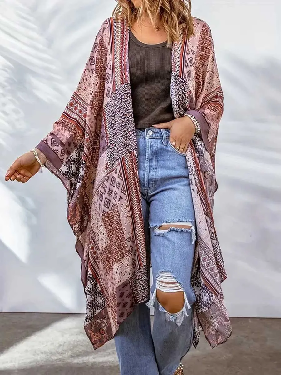 Stunncal Plus Size Printed Bat Sleeve Cardigan