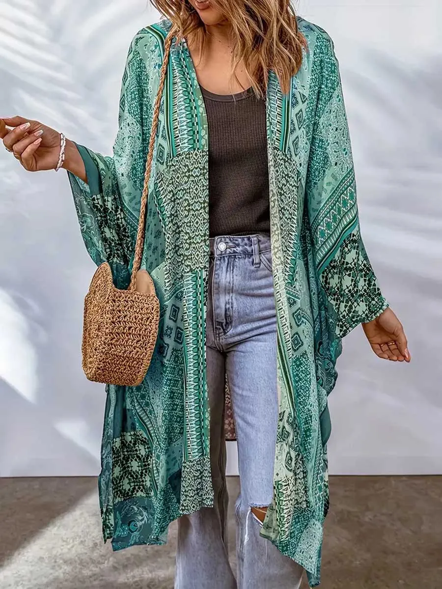 Stunncal Plus Size Printed Bat Sleeve Cardigan