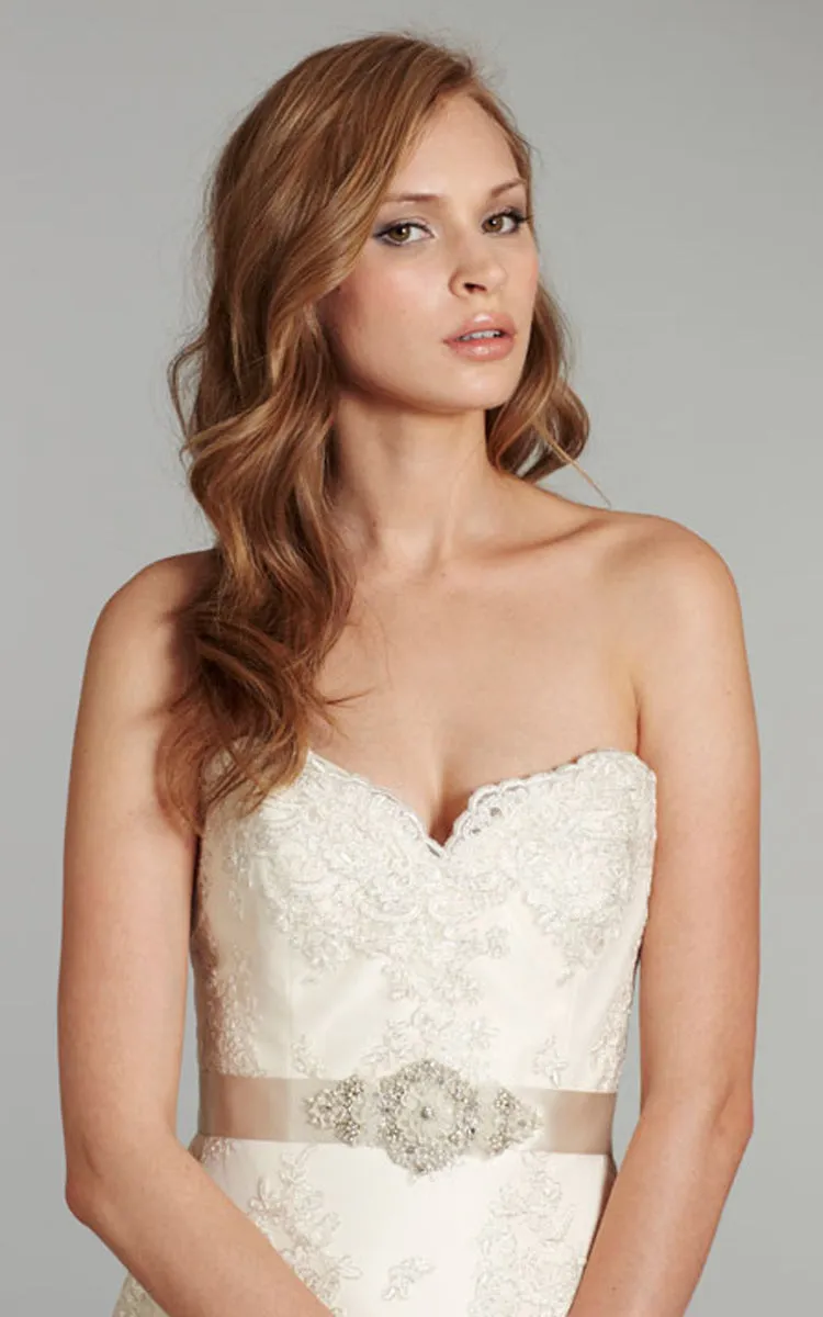 Stunning Strapless Embroidered Lace Dress With Crystal Beaded Belt