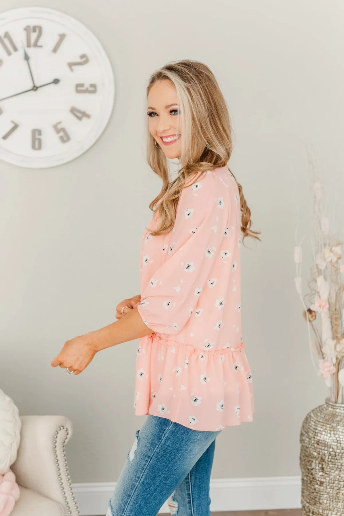 Sweet Bliss Floral Print Blouse- Light Pink