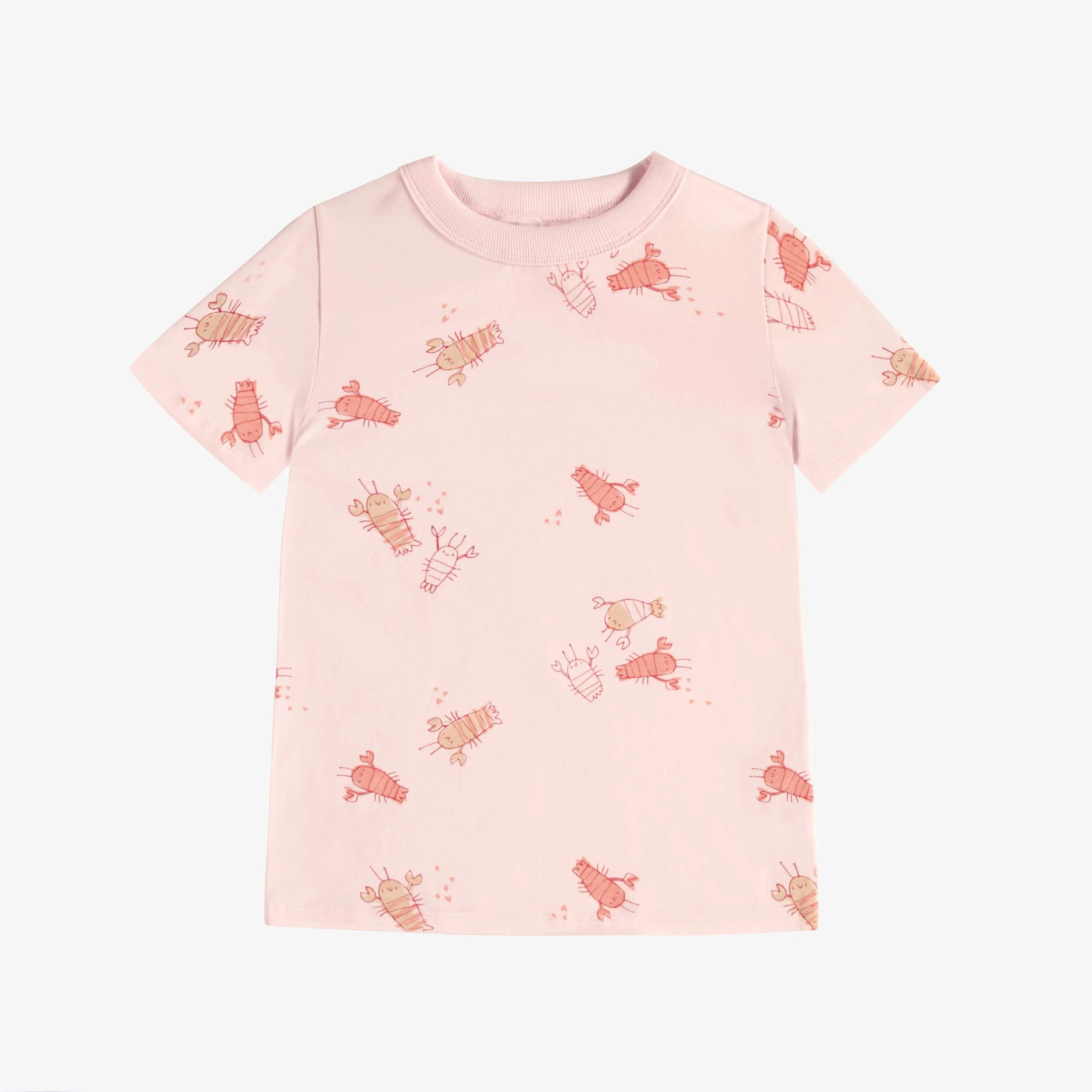 T-shirt manches courtes coupe ajustée rose pâle au motif écrevisses, enfant || Light pink short sleeves slim fit t-shirt with a crayfish print, child