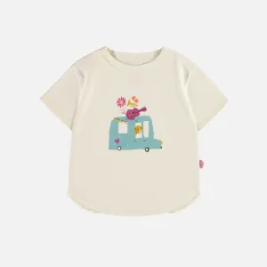 T-shirt à manches courtes crème avec illustration en jersey, bébé || Cream short sleeves t-shirt with illustration in jersey, baby