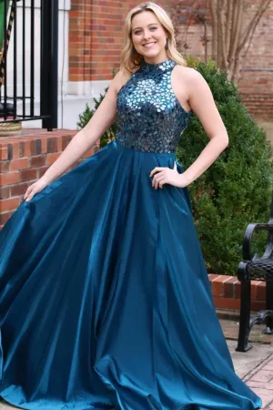 Teal Cut Glass Mirror Halter Long Formal Dresses