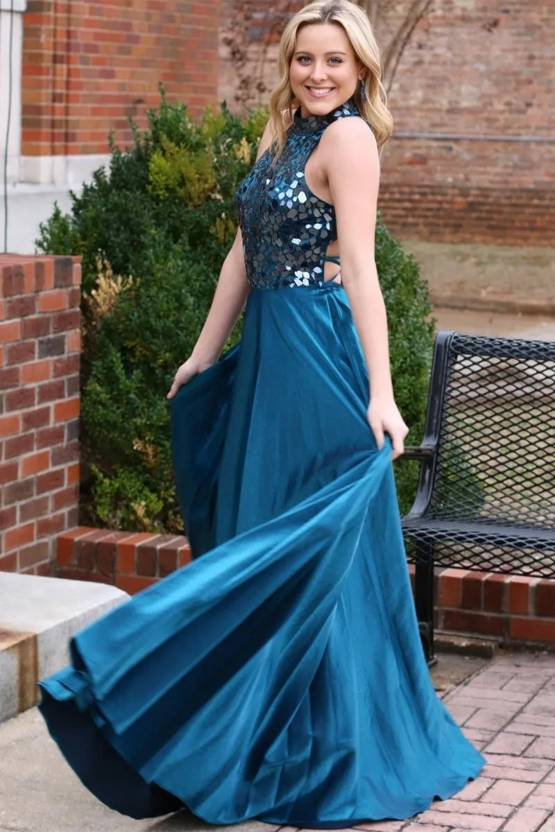Teal Cut Glass Mirror Halter Long Formal Dresses