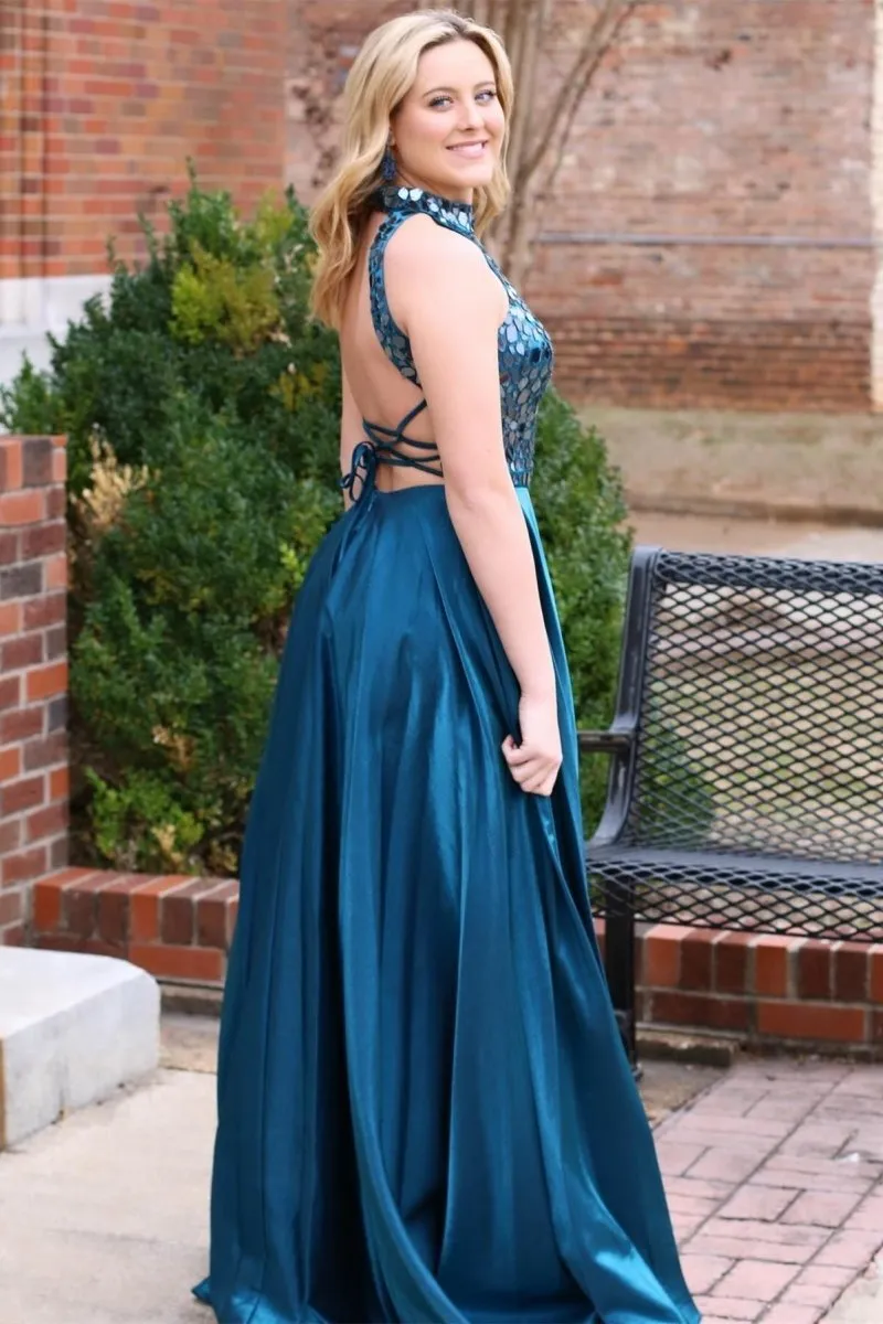 Teal Cut Glass Mirror Halter Long Formal Dresses