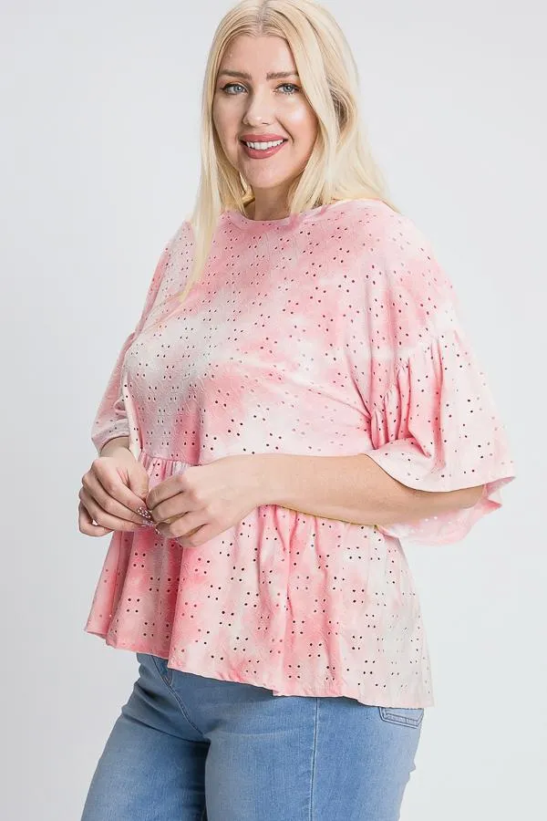 Tie Dye Ruffled Sleeves And Bottom Eyelet Blouse
