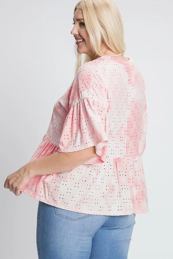 Tie Dye Ruffled Sleeves And Bottom Eyelet Blouse