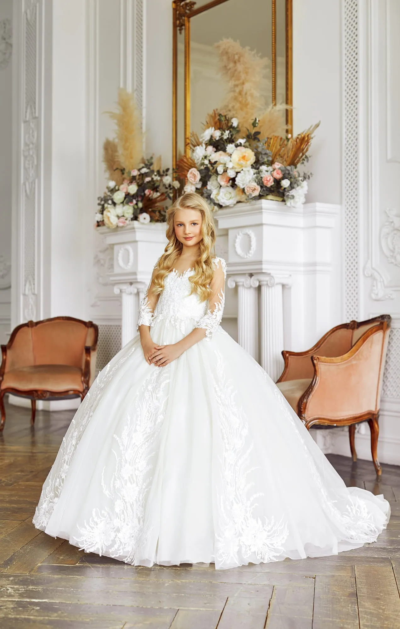 Traditional Catholic First Communion Dress with Sheer Sleeves