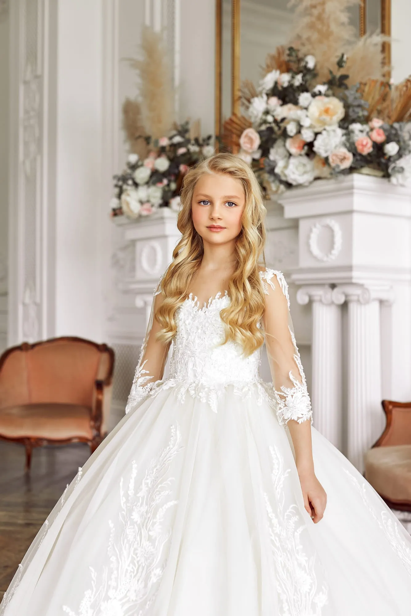 Traditional Catholic First Communion Dress with Sheer Sleeves