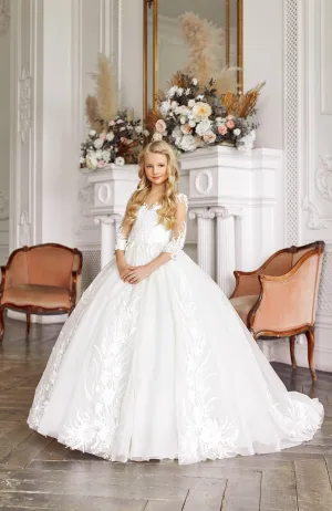 Traditional Catholic First Communion Dress with Sheer Sleeves