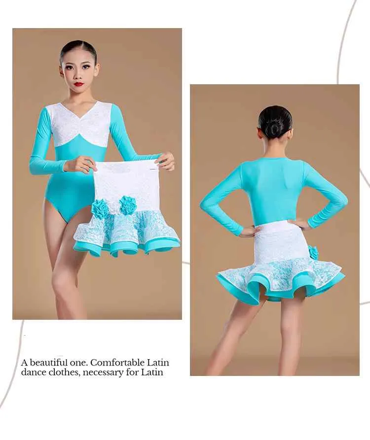 Turquoise White Lace Patchwork Latin Dance Dresses for Girls Kids Children Slasa Rumba Chacha  Long Sleeve Lace Performance Outfits
