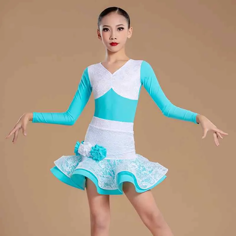 Turquoise White Lace Patchwork Latin Dance Dresses for Girls Kids Children Slasa Rumba Chacha  Long Sleeve Lace Performance Outfits