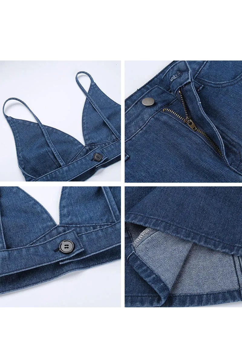 UL657 Denim V-Neck Strap Cami and Mini Skirt Set