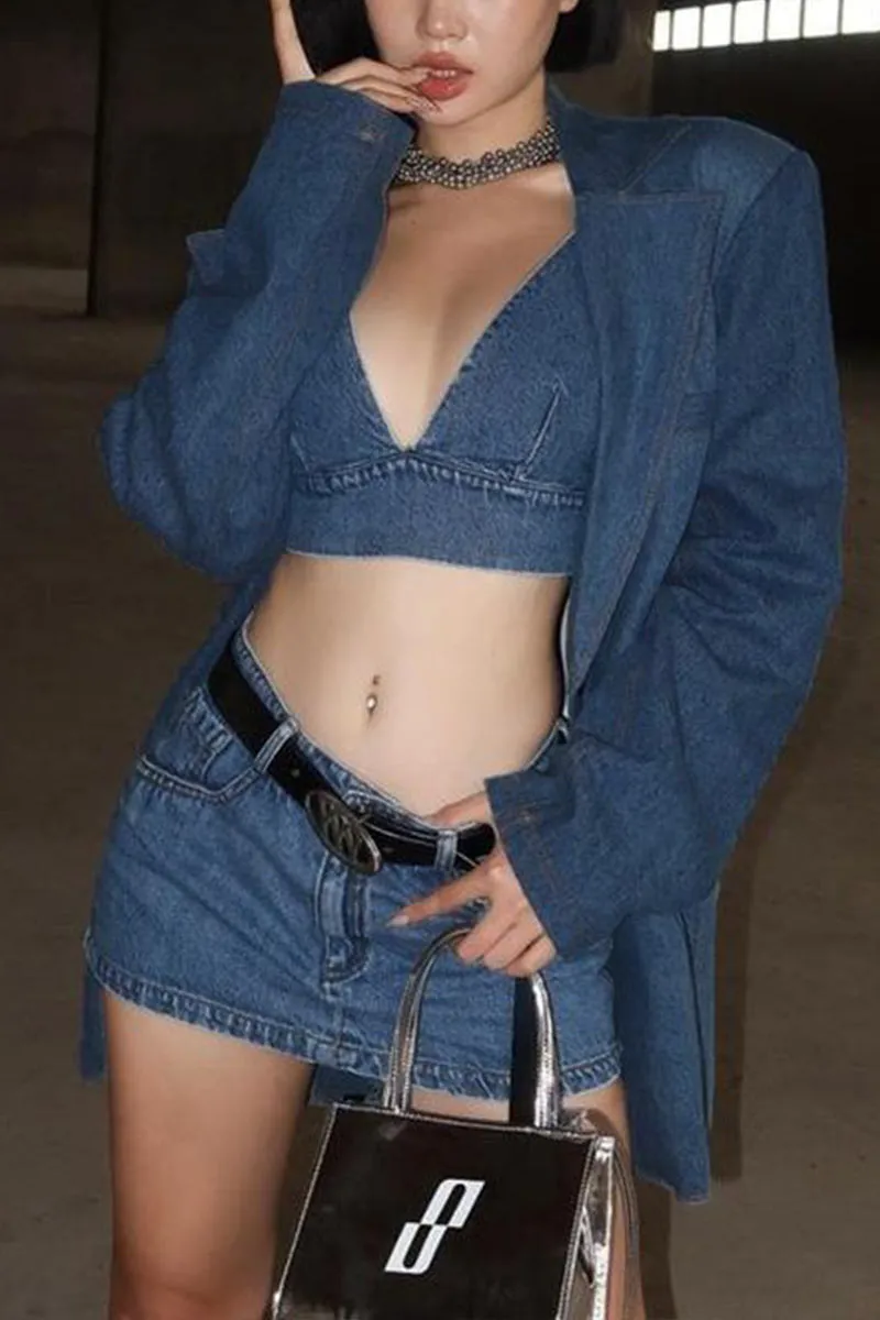 UL657 Denim V-Neck Strap Cami and Mini Skirt Set