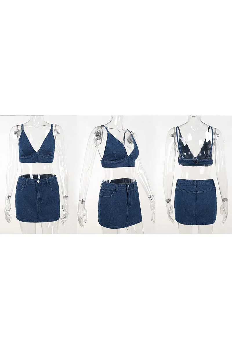 UL657 Denim V-Neck Strap Cami and Mini Skirt Set